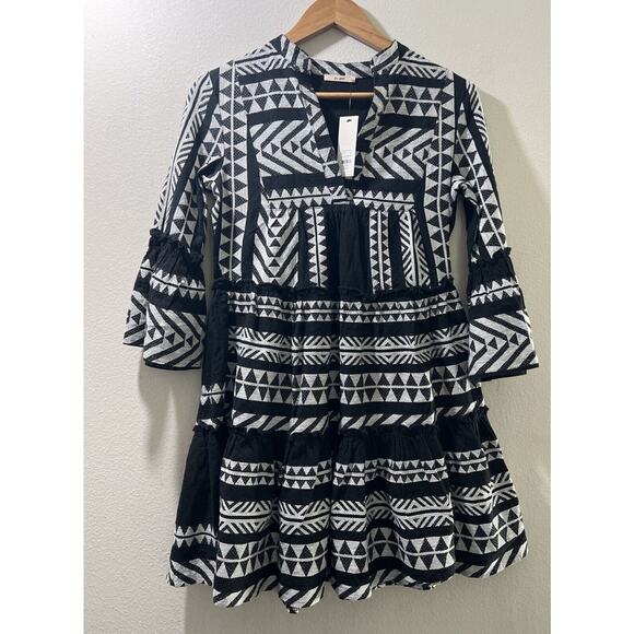 francesca's Dresses & Skirts - Francesca’s Mi Ami Tiered Black White Dress Size Small Cotton Flared Boho NWT